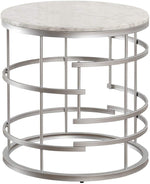 Benzara Faux Marble Top Round End Table with Metal Base, White and Silver