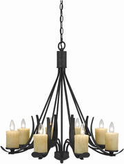 Benzara 8 Bulb Metal Frame Chandelier with Candle Lights, Black and Beige