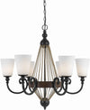 Benzara 6 Bulb Chandelier with Wooden and Scrolled Metal Frame, Brown and Black