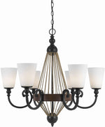 Benzara 6 Bulb Chandelier with Wooden and Scrolled Metal Frame, Brown and Black