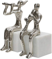 Benzara Metal Sitting Musicians Accent Decor with Marble Base, Set of 2, Silver