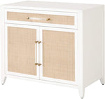 Benzara Double Door Cabinet Wooden Chest with Rattan Front Inlay, White