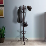 Benzara Wooden Coat Rack with Umbrella Holder and Turned Pedestal Stand, Brown