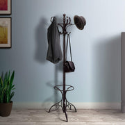 Benzara Wooden Coat Rack with Umbrella Holder and Turned Pedestal Stand, Brown