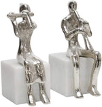 Benzara Metal Sitting Musicians Accent Decor with Marble Base, Set of 2, Silver