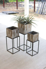 Kalalou CHW1174 Set of Three Square Pressed Metal Planters on Stands