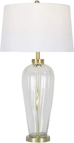 Benzara Fabric Shade Table Lamp with Grooved Glass Support and Round Base, Clear