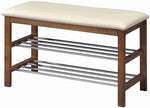 Benzara Leatherette Padded Seat Shoe Bench with 2 Slatted Metal Shelves, Brown
