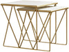 Benzara 2 Piece Marble Top Nesting Table with Geometric Base, White and Gold
