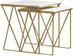 Benzara 2 Piece Marble Top Nesting Table with Geometric Base, White and Gold