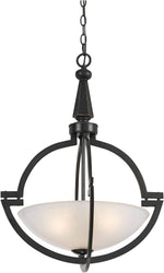 Benzara 3 Bulb Pendant Fixture with Geometrical Metal Frame and Glass Shade, Bronze