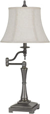 Benzara Metal Body Table Lamp with Swing Arm and Fabric Bell Shade, Silver and Gray