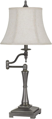 Benzara Metal Body Table Lamp with Swing Arm and Fabric Bell Shade, Silver and Gray