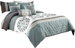 Benzara 7 Piece King Polyester Comforter Set with Floral Details, Blue and Gray