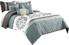 Benzara 7 Piece Queen Polyester Comforter Set with Floral Details, Blue and Gray