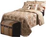 Benzara Elbe 4 Piece Twin Quilt Set with Medallion and Floral Pattern, Beige and Brown