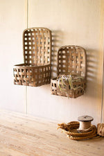 Kalalou CCH1057 Hanging Split Wood Basket with Pocket Set of 2