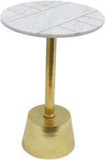 Benzara 25 Inches Round Marble Top Metal Base Side Table, White and Gold