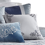 Benzara BM227743 10 Piece King Comforter Set with Damask Prints, Blue & Gray