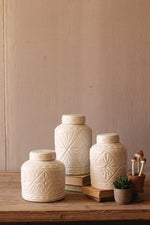 Kalalou CPH2939 Set Of 3 Ivory Ceramic Canisters With Geometric Pattern