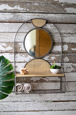 Kalalou CQ7536 Metal Wall Shelf & Mirror with Recycled Wood Shelf with Rattan Detail