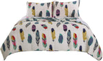 Benzara Boston 3 Piece Fabric King Size Quilt Set with Feather Prints, Multicolor
