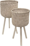 Benzara Round Wooden Planters with Angled Tripod Legs, Set of 2, Gray