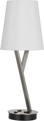 Benzara Metal Table Lamp with Y Shaped Body and Fabric Shade, Silver and White
