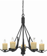 Benzara 5 Bulb Metal Frame Chandelier with Candle Lights, Black and Beige