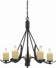 Benzara 5 Bulb Metal Frame Chandelier with Candle Lights, Black and Beige