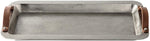 Benzara Metal Frame Tray with Leather Strap Handles, Silver and Brown