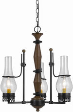 Benzara 3 Bulb Wooden and Metal Chandelier with Urn Glass Shades, Brown and Black