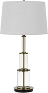 Benzara 3 Way Table Tamp with Stacked Pyramid Glass Body and Fabric Shade, White