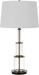 Benzara 3 Way Table Tamp with Stacked Pyramid Glass Body and Fabric Shade, White
