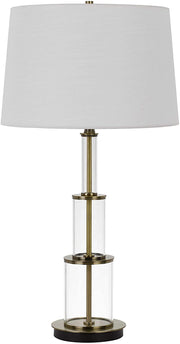 Benzara 3 Way Table Tamp with Stacked Pyramid Glass Body and Fabric Shade, White