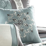 Benzara 7 Piece King Polyester Comforter Set with Floral Details, Blue and Gray