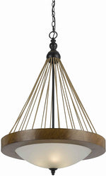 Benzara 3 Bulb Pendant Fixture with Round Wooden Frame and Smoked Glass Shade,Brown