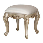 Benzara Wooden Armless Vanity Stool with Floral Moldings, Antique White and Gold