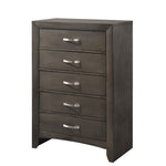 Benzara 5 Drawer Wooden Chest with Curved Metal Handles and Panel Support, Gray