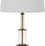 Benzara 3 Way Table Tamp with Stacked Pyramid Glass Body and Fabric Shade, White