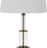 Benzara 3 Way Table Tamp with Stacked Pyramid Glass Body and Fabric Shade, White