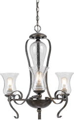 Benzara 3 Bulb Chandelier with Scrolled Metal Frame and Glass Shades,Gray and Clear