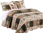 Benzara Douro Fabric 5 Piece King Quilt Set with Floral Print and Scalloped Edges, Brown