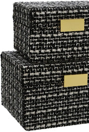 Benzara Fabric Box with Striped Pattern and Metal Lock, Set of 2, Black and Gold