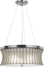 Benzara 3 Bulb Drum Shape Metal and Glass Pendant with Diffuser, Silver and Clear