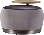Benzara Dual Tone Round Leatherette Ottoman with Stitched Details, Gray and Black