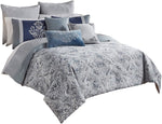 Benzara BM227743 10 Piece King Polyester Comforter Set with Damask Prints, Blue & Gray