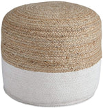 Benzara Fabric Round Pouf with Braided Jute Pattern, Brown and White