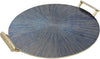 Benzara 18 Inches Round Metal Frame Tray with Sunburst Design, Blue and Gold
