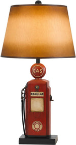 Benzara Gas Pump Theme Resin Table Lamp with Tapered Paper Shade, Red and Yellow